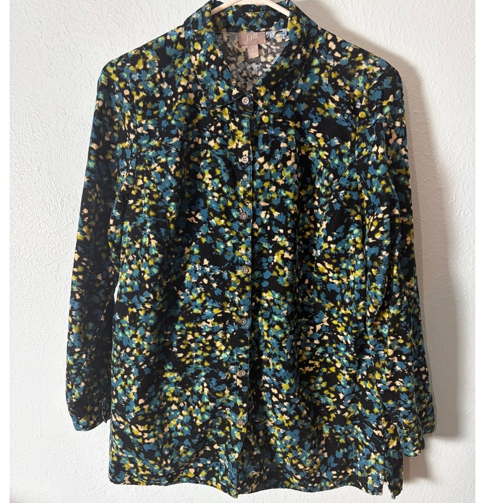 J. Jill Womens M Blue Green Floral Cotton Corduroy Button Front Top Cottagecore